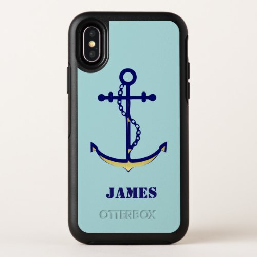 Navy and Gold Nautical Anchor and Chain with Name OtterBox Symmetry iPhone X Case
