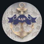 Navy and Gold Nautical Anchor Wedding Classic Round Sticker<br><div class="desc">Golden anchor navy nautical monogram seals</div>
