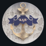 Navy and Gold Nautical Anchor Wedding Classic Round Sticker<br><div class="desc">Golden anchor navy nautical monogram seals</div>