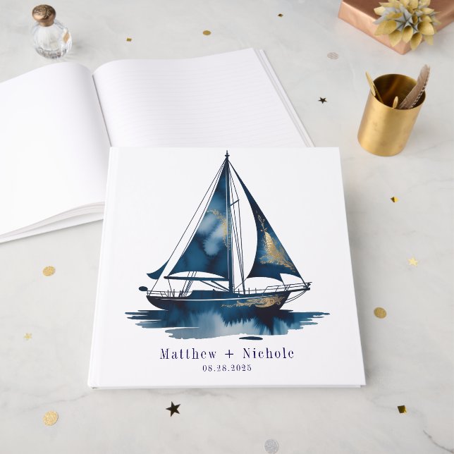 Navy and Gold Nautical Boat Gold Frame Wedding Guest Book (Front Open)