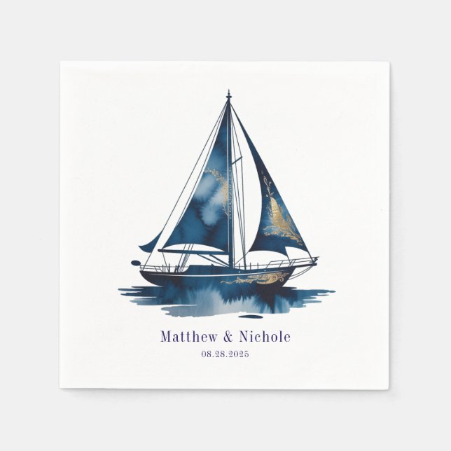 Navy and Gold Nautical Boat Gold Frame Wedding Napkins (Front)