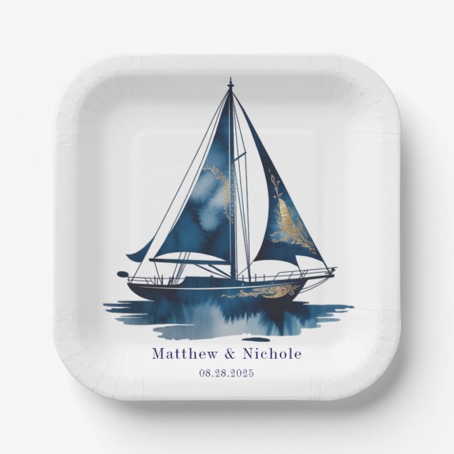 Navy and Gold Nautical Boat Gold Frame Wedding Paper Plates (Front)
