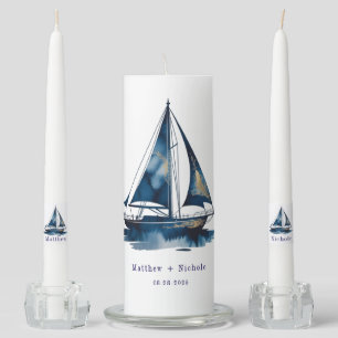 Navy and Gold Nautical Boat Gold Frame Wedding Unity Candle Set