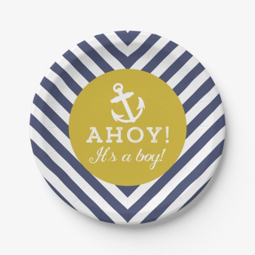 Navy and Gold Nautical Chevron Baby Shower Paper Plates