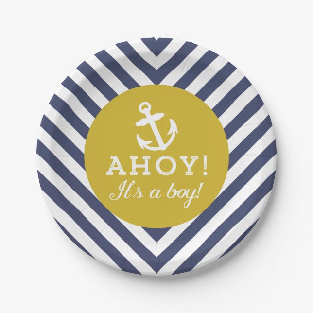 Navy and Gold Nautical Chevron Baby Shower Paper Plates (Front)