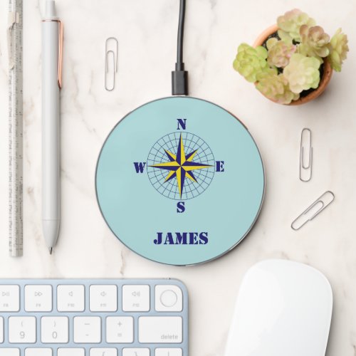 Navy and Gold Nautical Compass Rose Travel  Wireless Charger