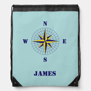 Navy and Gold Nautical Compass Rose with Name Drawstring Bag