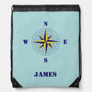 Navy and Gold Nautical Compass Rose with Name Drawstring Bag