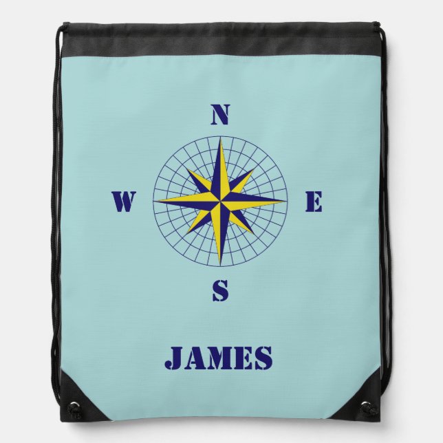 Navy and Gold Nautical Compass Rose with Name Drawstring Bag (Front)