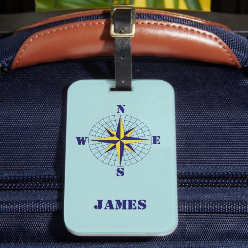 Navy and Gold Nautical Compass Rose with Name Luggage Tag