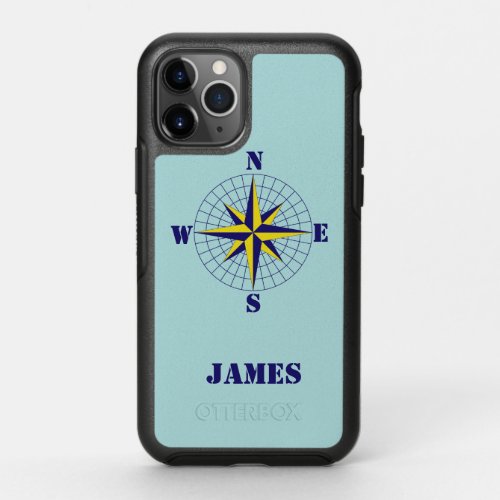 Navy and Gold Nautical Compass Rose with Name OtterBox Symmetry iPhone 11 Pro Case