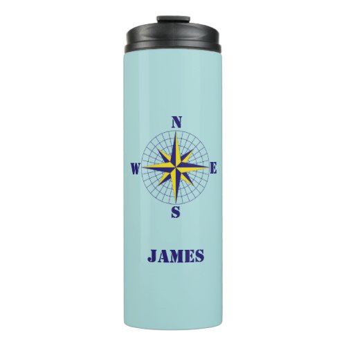Navy and Gold Nautical Compass Rose with Name Thermal Tumbler