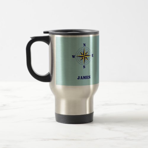 Navy and Gold Nautical Compass Rose with Name Travel Mug