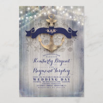 Navy and Gold Nautical Rustic Anchor Beach Wedding Invitation