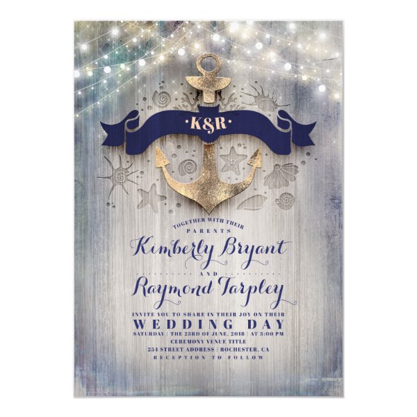 Navy and Gold Nautical Rustic Anchor Beach Wedding Invitation