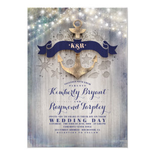 Nautical Wedding Invitations Zazzle Navy And Gold Nautical Rustic Anchor Beach Wedding Invitation