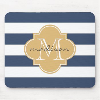 Navy And Gold Nautical Stripes Custom Monogram Mouse Pad by cardeddesigns at Zazzle