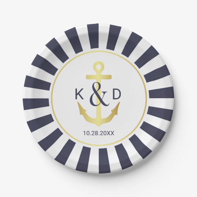 Navy and Gold Nautical Wedding Paper Plates (Front)