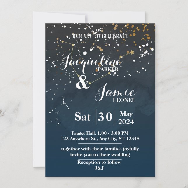 Navy and Gold Night Sky Illustrative Wedding  Invitation (Front)