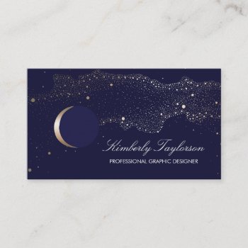 Navy And Gold Night Stars Crescent Moon Modern Business Card by jinaiji at Zazzle