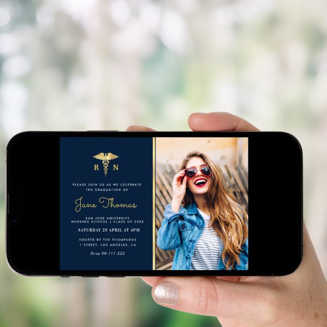Navy and gold Nursing school graduation party Invitation (Front Digital)
