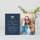 Navy and gold Nursing school graduation party Invitation (Standing Front)