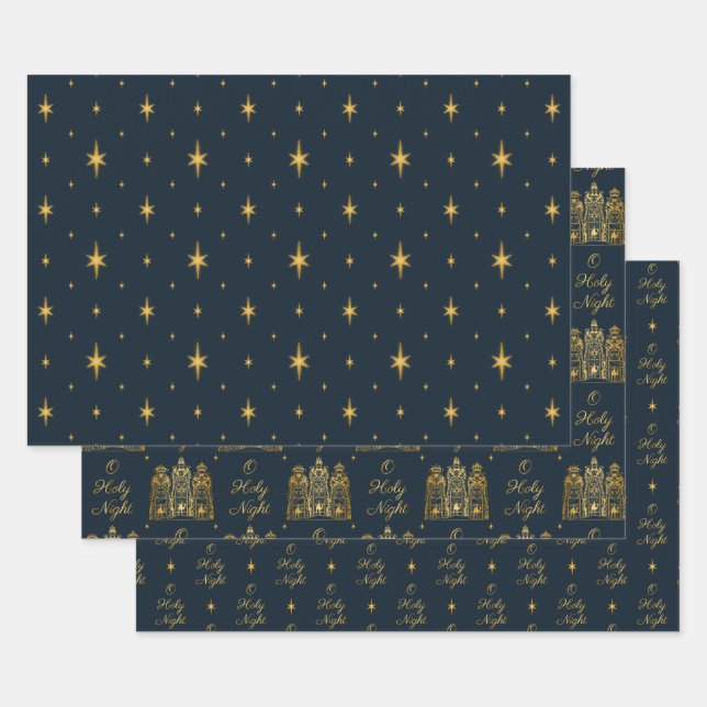 Navy and Gold O Holy Night Three Wise Men Wrapping Paper Sheets (Set)