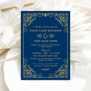 Navy and Gold Ornate Scroll Wedding Invitation
