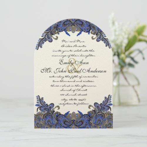 Navy and Gold Peacock Ivory Wedding Invitation