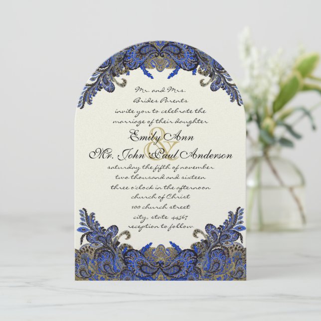 Navy and Gold Peacock Ivory Wedding Invitation (Standing Front)