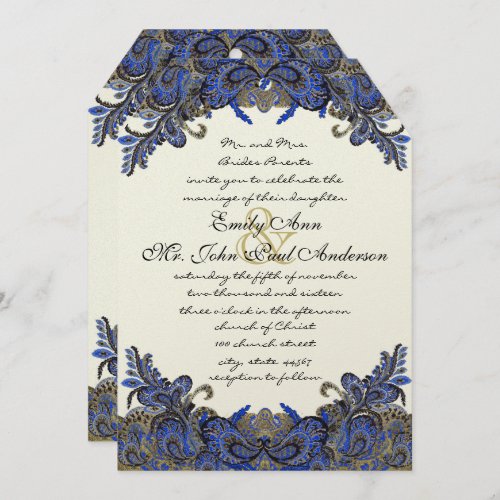 Navy and Gold Peacock Ivory Wedding Invitation