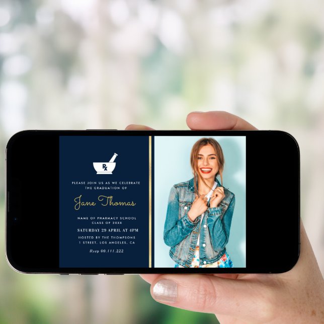Navy and gold pharmacy graduation party Invitation (Front Digital)