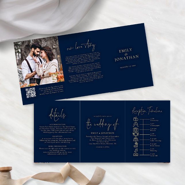 Navy and Gold Photo QR Code Timeline Wedding Tri-Fold Invitation (Front and back views)