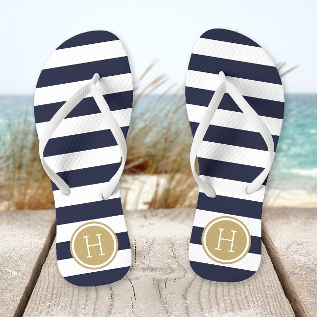 Navy and Gold Preppy Stripes Monogram Flip Flops (Creator Uploaded)
