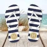 Navy and Gold Preppy Stripes Monogram Flip Flops<br><div class="desc">Custom printed flip flop sandals with a preppy nautical stripe pattern and your custom monogram or other text in a circle frame. Click Customize It to change text fonts and colors or add your own images to create a unique one of a kind design!</div>