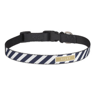Navy and Gold Preppy Stripes Monogram Pet Collar
