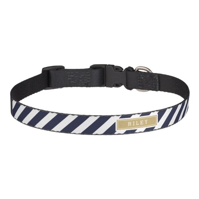 Navy and Gold Preppy Stripes Monogram Pet Collar (Front)