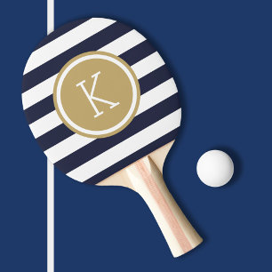 Navy and Gold Preppy Stripes Monogram Ping-Pong Paddle