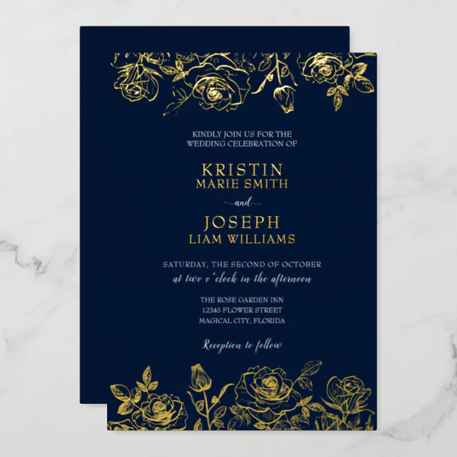 Navy and Gold Rose Garden Foil Invitation | Zazzle