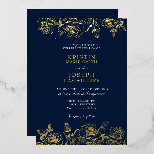 Navy and Gold Rose Garden Foil Invitation (Front/Back)