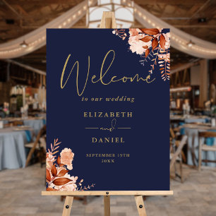 Navy And Gold Rustic Floral Wedding Welcome Sign