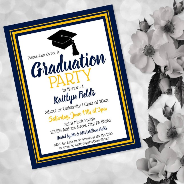 Navy and Gold School Colors Grad Party Invitation Postcard (Creator Uploaded)