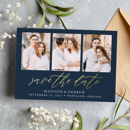Navy and Gold Script 3 Photo Save the Date Foil Invitation