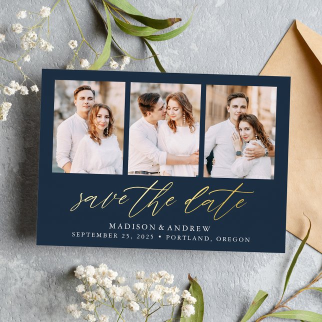 Navy and Gold Script 3 Photo Save the Date Foil Invitation (Creator Uploaded)