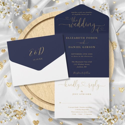 Navy And Gold Script Hearts Minimalist Wedding  All In One Invitation
