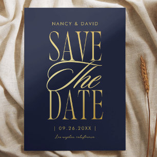 Navy And Gold Script Typography Wedding Save The Date