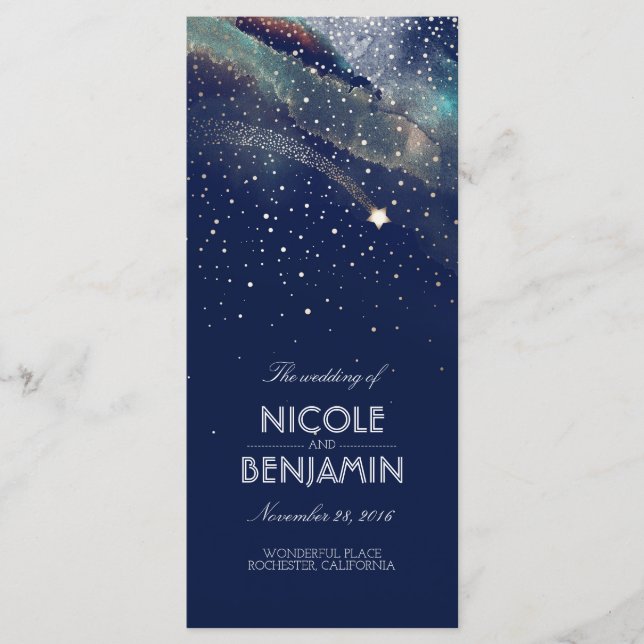 Navy and Gold Shooting Star Night Wedding Programs (Front)
