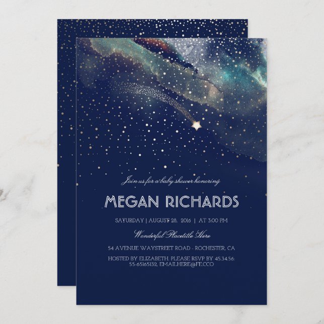 Navy and Gold Shooting Star Starry Baby Shower Invitation (Front/Back)