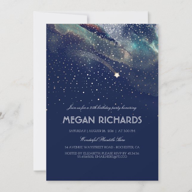 Navy and Gold Shooting Star Starry Birthday Party Invitation (Front)