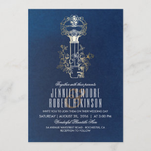 Navy and Gold Skeleton Key Vintage Wedding Invitation
